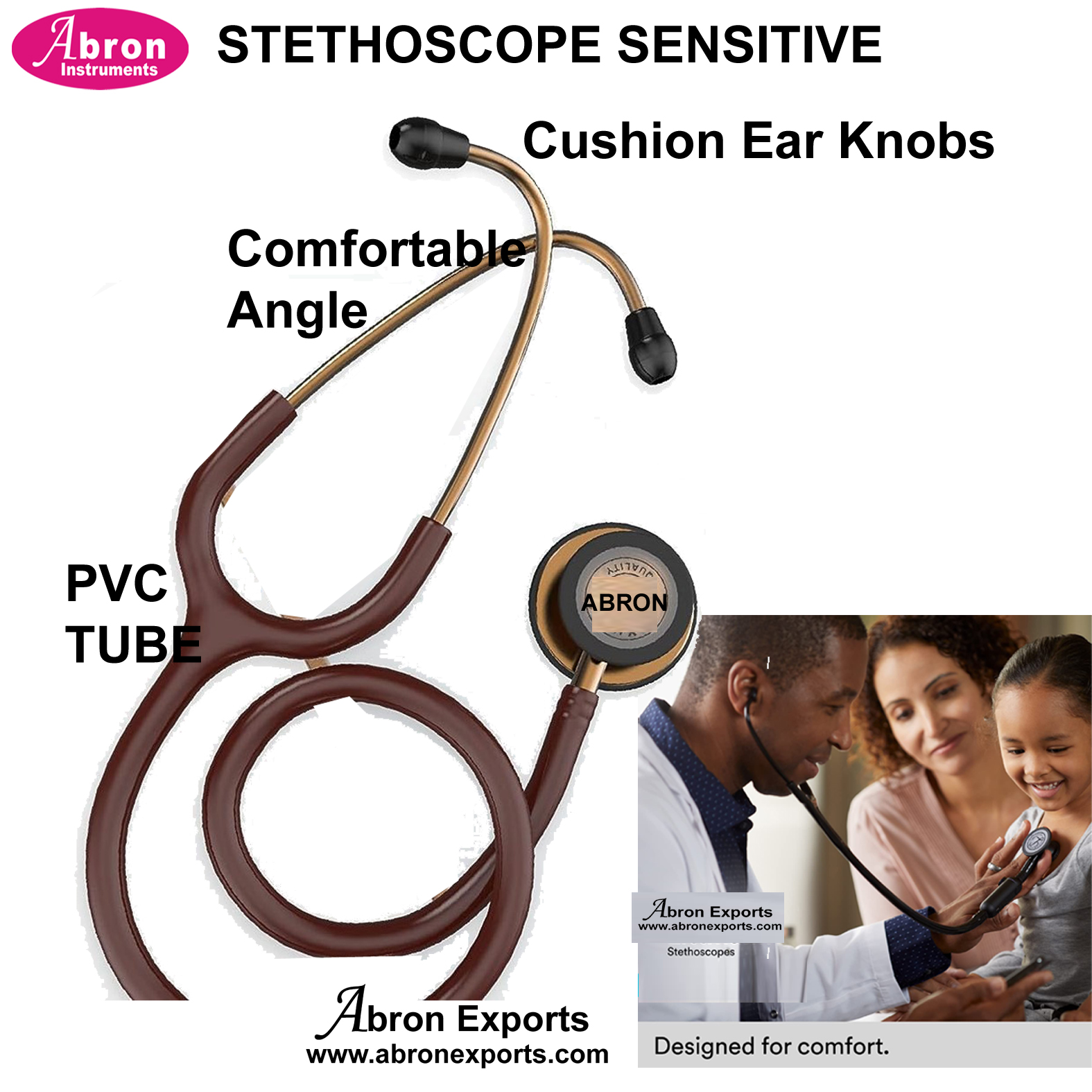 Stethoscope With Sensitive Chestpad Cardio Soft Ear knobs PVC Tube 27 Inch Pa Abron AB-2751STP 